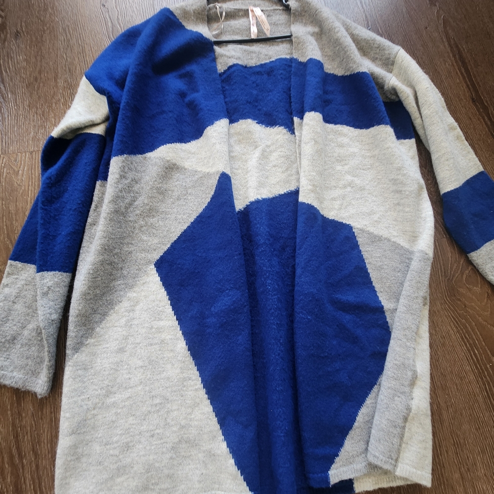 Women's Blue and Gray Open Front Sweater Cardigan Ashley 26 International XL